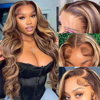 Echthaarperücke Ombre 13x6 Lace Front Perücke 250% Dichte 4/27 Highlight Perücken Honigblond Body Wave Lace