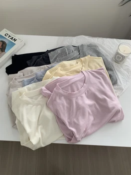 Seiden-Kurzarm-T-Shirt für Damen mit Rundhalsausschnitt, Sommer-Woll-Oberbekleidung, Slim Fit Basis-Shirt