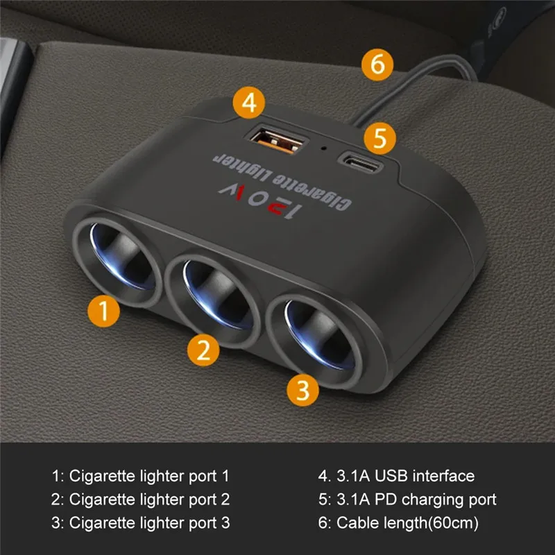 3-in-1 Zigarettenanzünder-Verteiler 120 W mit USB-C, 12/24 V – Bild 6