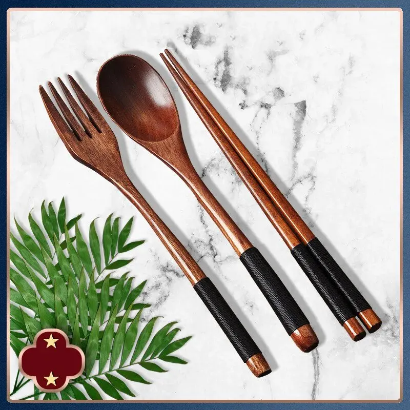 1pc Holz Stäbchen Gabel Löffel Drei-stück Set Schnur – Bild 4