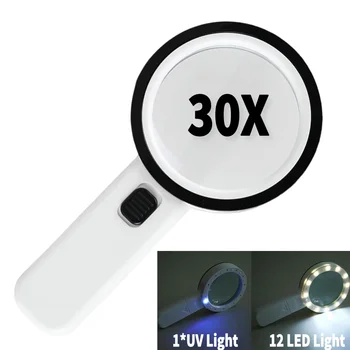 30-fache Handlupe, 12 LEDs, beleuchtetes Licht mit UV-Licht, tragbare Vergrößerungslupe zum Lesen von Schmuck