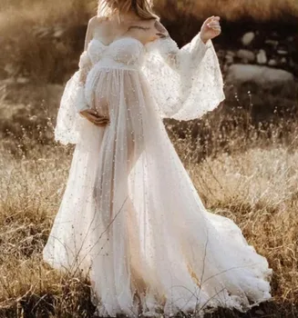 Umstands-Shooting-Kleider, dichtes Perlen-Kleid aus weißem Garn, Schwangerschaftsfotografie-Kleid, schwangere