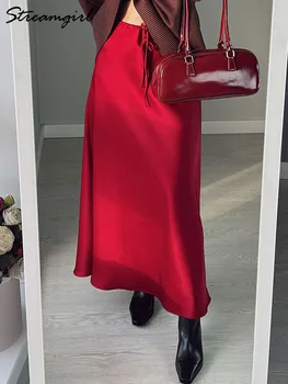 Lange Satinröcke für Damen, dunkelgrün, luxuriös, Frühling und Sommer, Maxi, gerader schwarzer Rock, langer