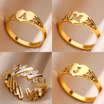 Mode Hohl Initial Brief Herz Ringe Für Frauen Gold Farbe Edelstahl A-Z Brief Ring Ästhetischen Hochzeit