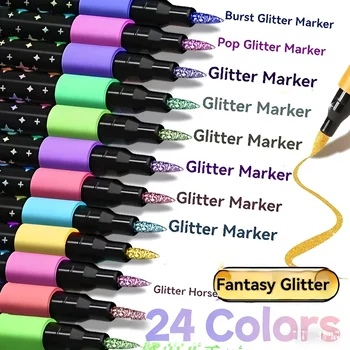 24 Farben Doppelkopf-Glittermarker Schnelltrocknende Stifte mit Feiner Spitze für Scrapbooking
