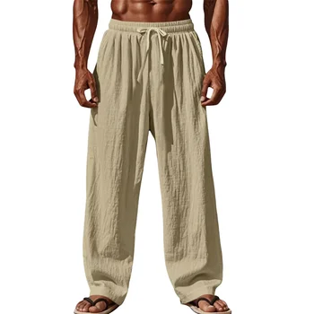Männer Baumwolle und Leinen Casual Hosen Einfache und Bequeme Gerade Bein Hosen Taille Kordelzug Plus Größe
