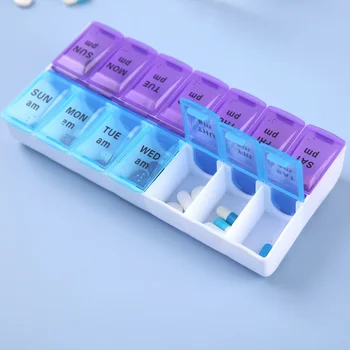 Wöchentliche tragbare Reise-Pillenetuis-Box, 7-Tage-Organizer, 14 Gitter, Pillenbehälter, Aufbewahrung