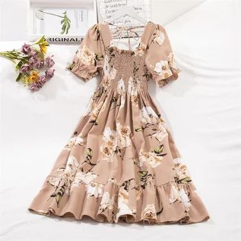 Frühling Sommer Chiffon Kleider Mode Weibliche Elastische Taille Kurzarm Plissee Casual Kleid Frauen A-linie