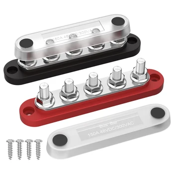 DaierTek Stromverteilerblock 12V mit Abdeckung, 5 x 1/4' Bolzenklemmen, max. 150A 48VDC, Plus-/Minusanschluss