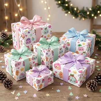 Weihnachtsgeschenkpapier Niedliche Kawaii-Cartoon-Figuren Lebkuchen-Rentier Zuckerstange Pastellfarbenes