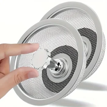 Küchenspüle Sieb mit Griff und Stopper, Ersatz-Abflusskorb, Edelstahlgeflecht, Filter, Abfallloch (2 Stück)
