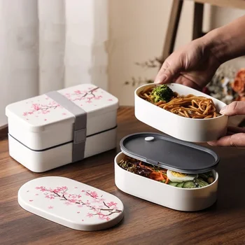 Japanische Kirschblüten-Lunchbox mit Geschirr, Mikrowelle, Bento-Boxen, Suppenbecher, tragbare doppellagige