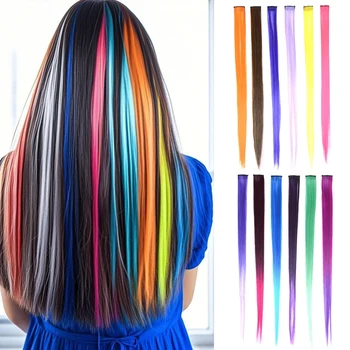 Synthetische Clip-in-Haarverlängerungen, 55,9 cm lang, bunt, glatt, Haarteile, synthetische Haarteile für die