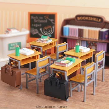 Mini Klassenzimmer Puppenhaus Schreibtisch Stuhl Tafel Miniatur Schule Spielset Möbel Zubehör Modell