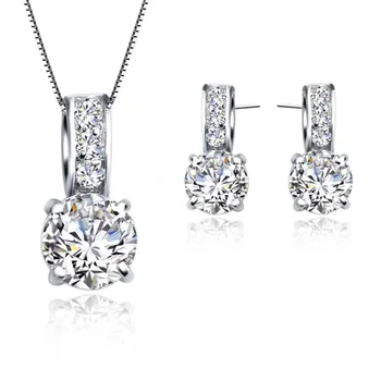 Brautschmuck-Set aus 925er-Sterlingsilber, klassischer kubischer Zirkon, Kristall-Anhänger, Halskette