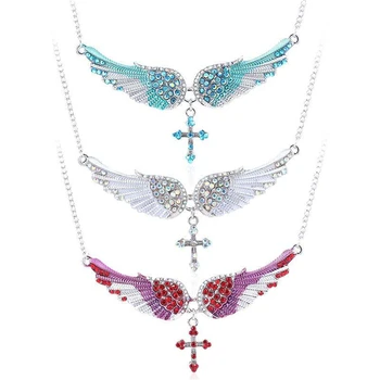Engelsflügel Kreuz Anhänger Halsketten Muschel Hart Vintage Charm Kristall Schmuck für Frauen Braut Hochzeit