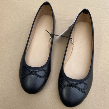 Elegante Ballerinas mit Schleife für Damen, flache Schuhe mit runder Spitze, bequeme Slip-On-Loafer aus Leder