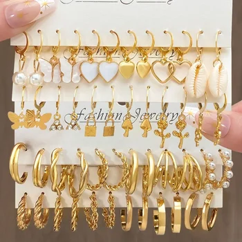 Herz Perle Baumeln Ohrringe Set Metall Gold Farbe Schmetterling Schlösser Ohrringe für Frauen Shell Trendy