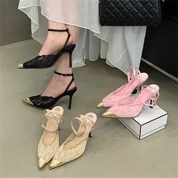Aneikeh Modische Retro-Spitze Designer Spitze Pumps mit dünnen Absätzen und Slingback für Damen - Ideal