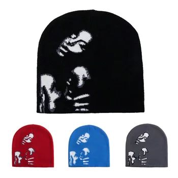 Mode Gedruckt Gestrickte Hut Frauen Männer Paar Warme Y2K Mützen Motorhaube Wolle Skullies Hoods Dame Zubehör