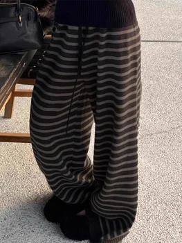 Harajuku Kontrast Farbe Gestreiften Frauen Breite Bein Hose Vintage Grunge Lose Gestrickte Hose Y2K