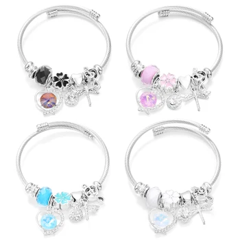 Trendige Strass Libelle Kristall Perlen Anhänger Armband Edelstahl 4Farben Verschluss Armreifen Frauen Armband