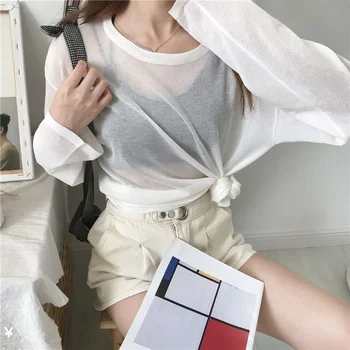 Schiere T-Shirts Frauen lose koreanische Mode Sommer sonnen feste Freizeit saubere Passform All-Match Langarm