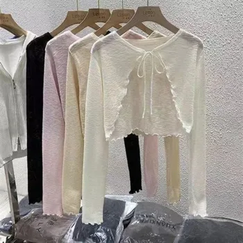 Sommer Frauen Dünne Sonnencreme Strickjacke Spitze-up Strickwaren Tops Weiblichen Koreanischen Stil Laterne