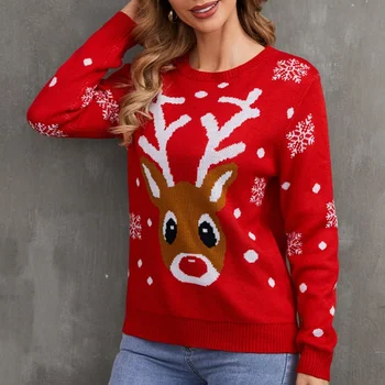 Weihnachtspullover, Pullover für Damen, Weihnachtsmuster, Schneeflocken, Rentier, voller Jacquard, fauler