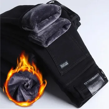 Winter Männer Schwarz Gerade Stretch Denim Dicke Samt Hosen Warme Jeans Casual Fleece Linie Hosen Männlichen