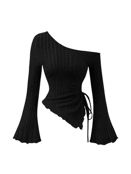Neues, schulterfreies, langärmliges, schmal geschnittenes, lässiges Street-Style-Top mit asymmetrischem