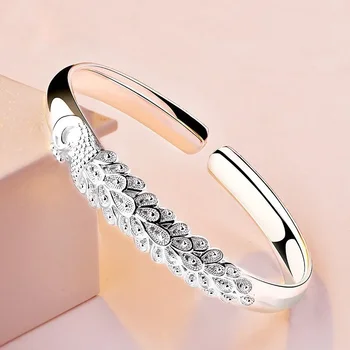 Pfauen-Öffnungsbildschirm-Armband aus 925er-Sterlingsilber für Damen, Luxus-Designer-Textur, offene Armbänder