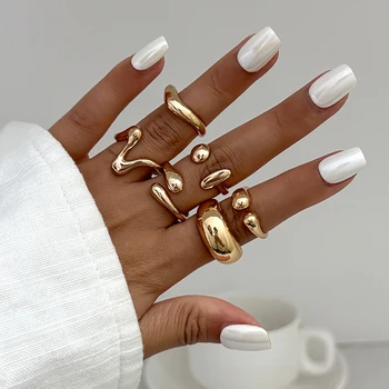 Mode 6 Teile/satz Glatte Metall Geöffnet Ringe für Frauen Punk Persönlichkeit Unregelmäßige Gold Silber Farbe