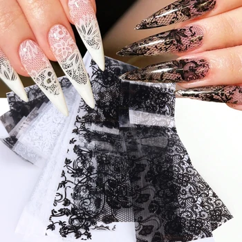 10 Blatt Spitzen-Nagelfolie, weiß und schwarz, Nagelaufkleber, Design-Transferfolien, Sternenhimmel-Papier