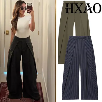 HXAO Damenhose, Baggy, weite Hose für Damen, minimalistisch, plissiert, gestreift, Freizeithose, Damen, Büro