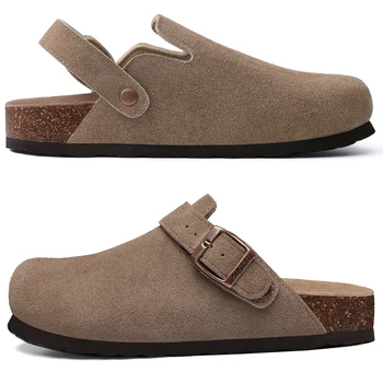 Shevalues Damen-Clogs aus Kuh-Wildleder mit verstellbarer Schnalle, Pantoletten aus Korkleder, bequeme
