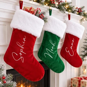Personalisierter Weihnachtsstrumpf mit individuellem Namen, Familien-Kaminstrumpf, rot-grüne