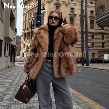 Neo Mint Luxus Marke Mode Frauen Gelb Gestreiften Faux Pelz Jacke Mantel Chic Mädchen 2025, Winter Übergroßen