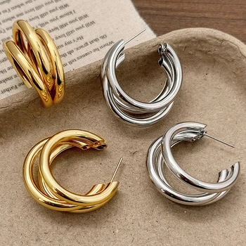Einfache Metall C Form Baumeln Ohrringe für Frauen Trendy Retro Drei Schicht Persönlichkeit Geometrie Tropfen