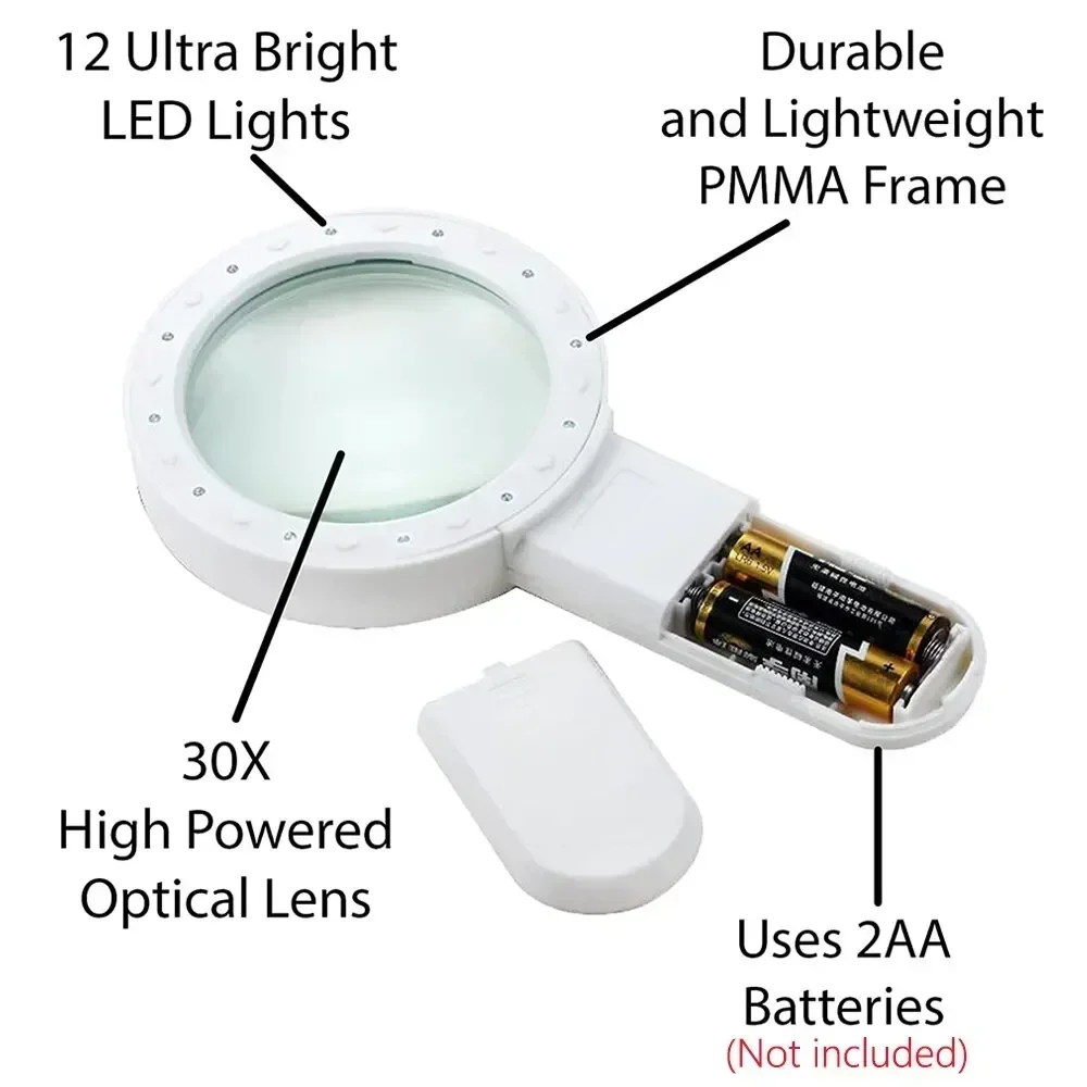 30-fache Handlupe, 12 LEDs, beleuchtetes Licht mit UV-Licht – Bild 4