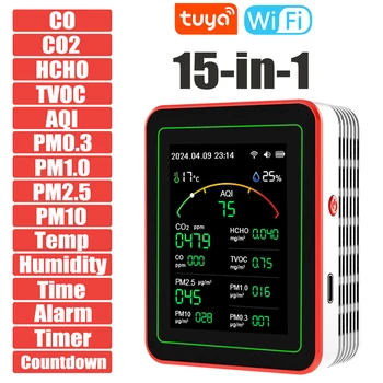 Homeair-Qualitätsmonitor Tuya WiFi 15-in-1-TFT-Display Tragbares AQI PM0,3 PM1,0 PM2,5 PM10 CO CO2 TVOC