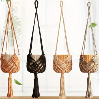 Boho-Makramee-Pflanzenaufhänger zum Aufhängen von Sukkulenten, Baumwollseil, gewebter Hängekorb mit Netztasche