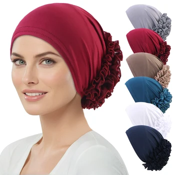 Atmungsaktiver, elastischer Chiffon-Hut für Damen mit großen Blumen. Einfarbige, dünne Bodenkappe, islamischer