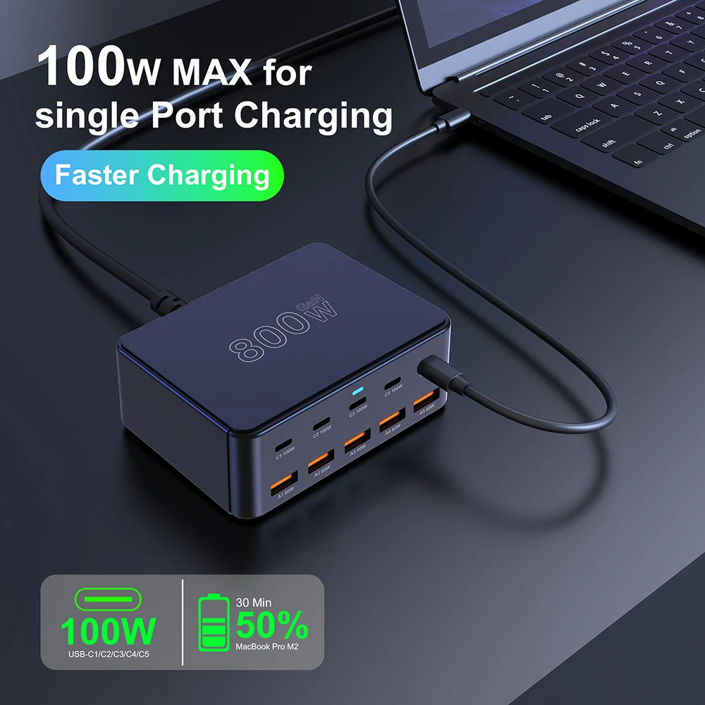 GaN USB-C Multiport-Ladestation 800 W, 100 W PD 3.0, PPS, QC – Bild 3