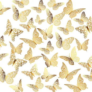 3D-Schmetterlings-Wanddekoration, 4 Stile, 3 Größen, goldene Schmetterlingsdekorationen (48 Stück)