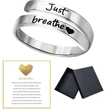 Just-Breathe-Herzring für Damen und Herren, Edelstahl-Spiralring, inspirierende Herzgeschenke mit Box