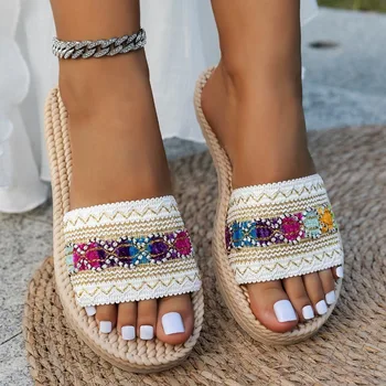 Damen-Slipper für Draußen, Flache Designer-Schuhe, Große Größen, Böhmische Ethnische Sandalen, Modische