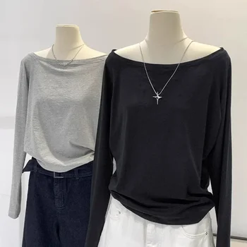 Herbst Winter Eine Schulter Baumwolle Langarm Schräg Schulter frauen Kleidung Stil Innen Breite Trüffel