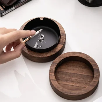 Kreativer Aschenbecher mit Deckel, Walnuss-Desktop-Aschenbecher, Edelstahl, rauchender, winddichter