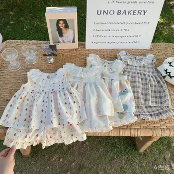 Zweiteiliges Set, ärmelloses Prinzessinnenkleid mit Blumendruck, sommerliches dünnes Outfit für Babys